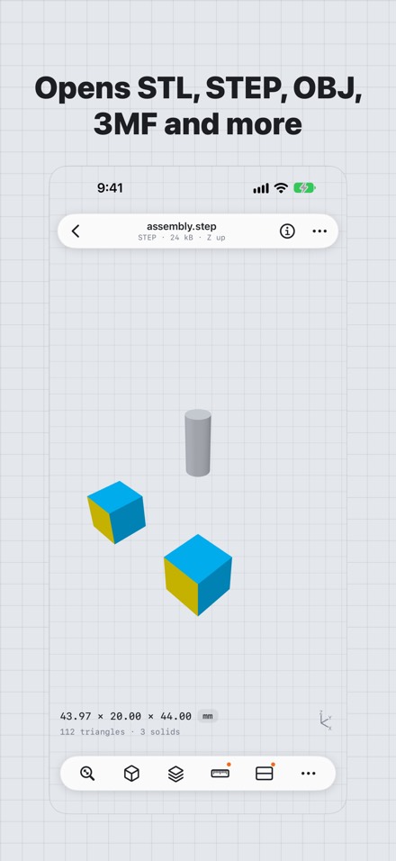 Facet showing a STEP assembly with its dimensions. Caption: Opens STL, STEP, OBJ, 3MF and more.