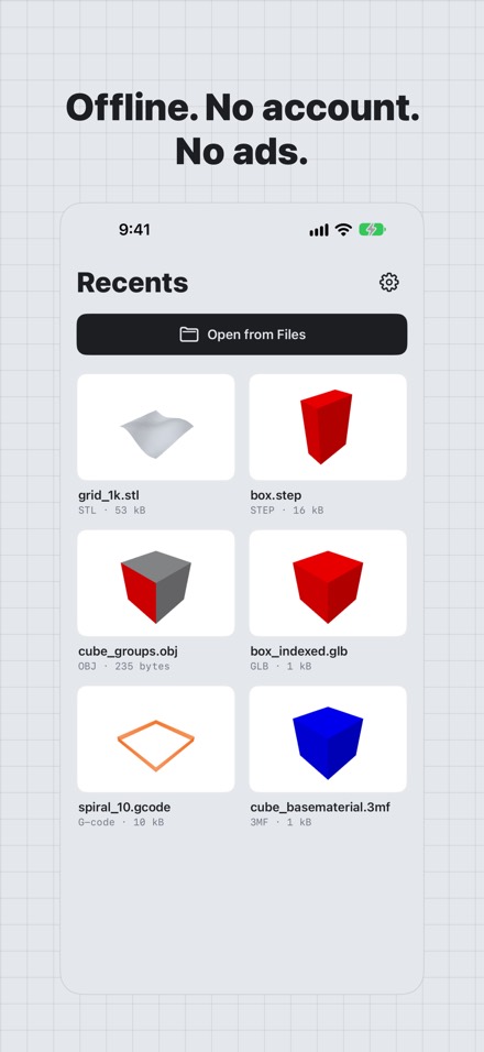 Facet Recents screen with thumbnails of STL, STEP, OBJ, GLB, G-code and 3MF files. Caption: Offline. No account. No ads.