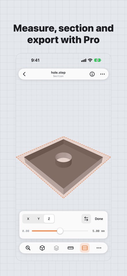 Facet cutting a STEP part with a section plane. Caption: Measure, section and export with Pro.