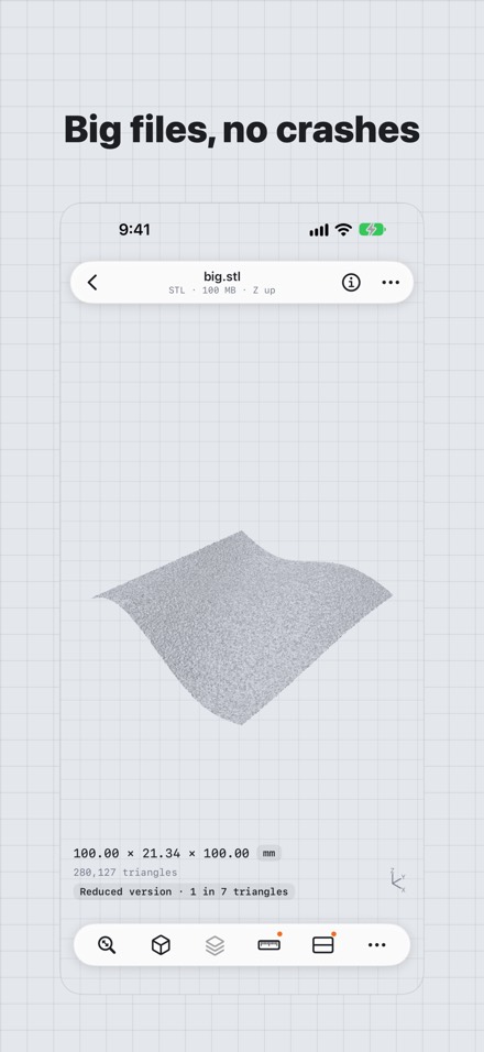 Facet showing a large STL as a reduced version. Caption: Big files, no crashes.